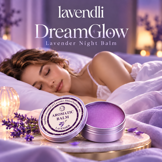 Lavendli DreamGlow lavender night balm in an open metal tin