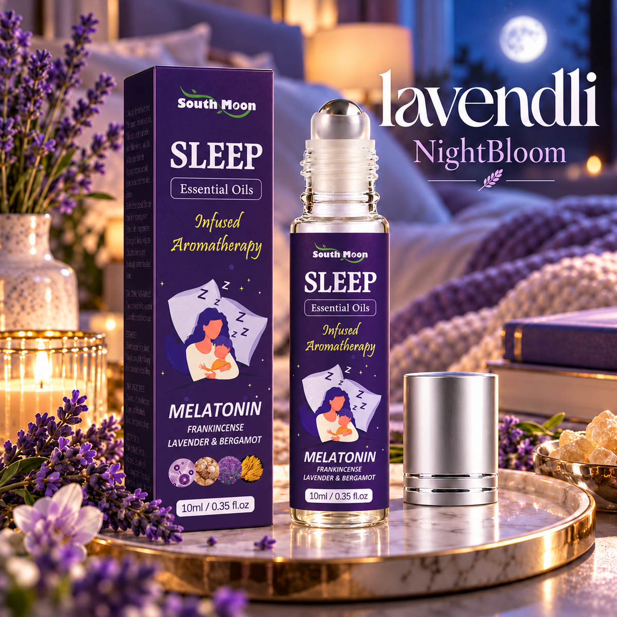 NightBloom 10 mL lavender aromatherapy roll-on bottle with original packaging